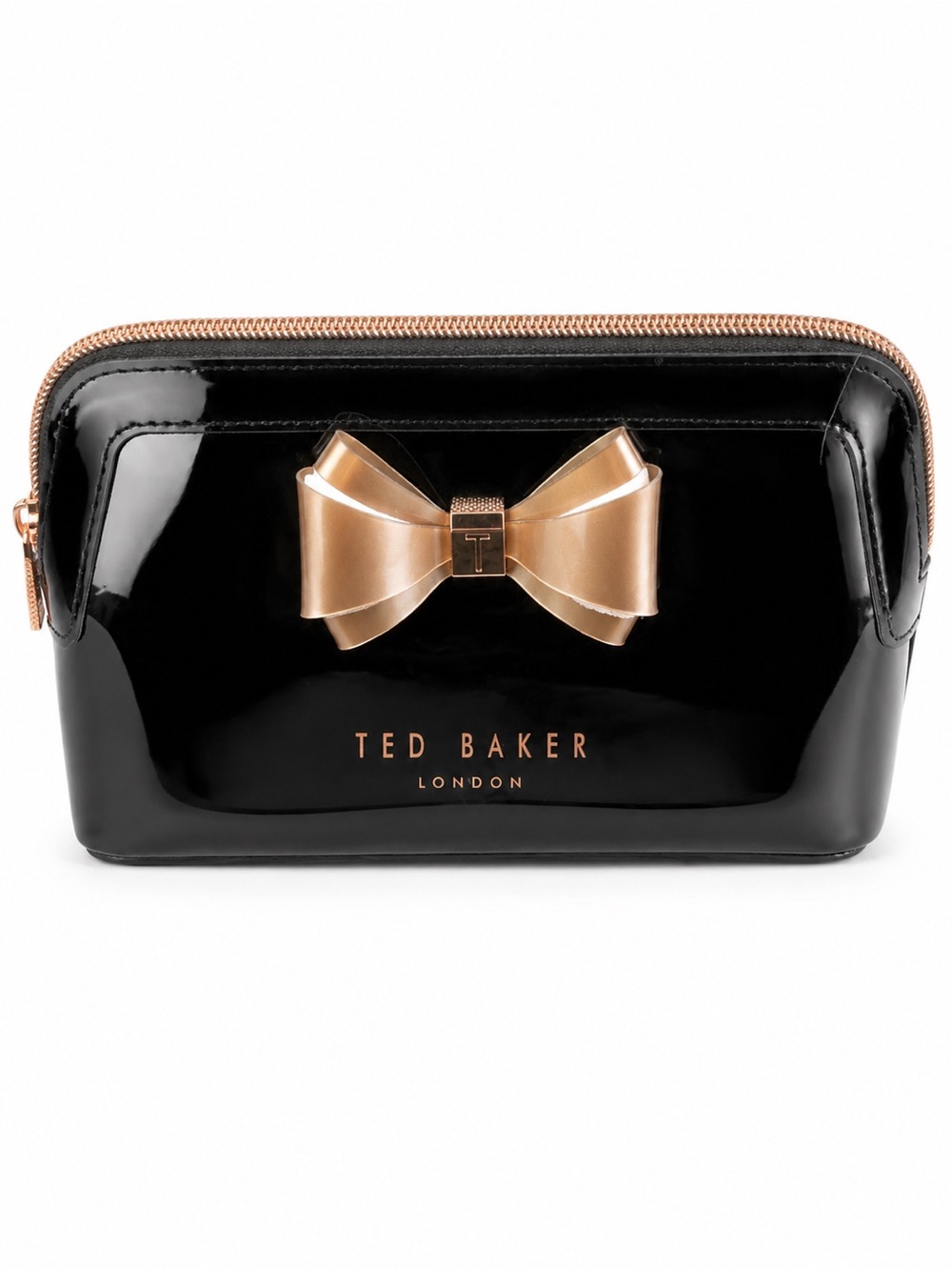 Ted Baker London Black Patent Bow Cosmetic Bag Makeup Pouch Rose Gold Zip